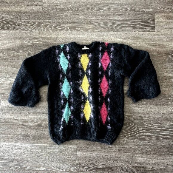 Vintage Tam O’Shanter‎ Mohair Sweater Large Black Argyle UK Made 80s Punk Unisex - Picture 1 of 6